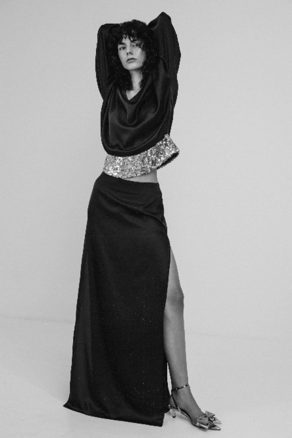 Mártusz Dorina — Full-length black-and-white portrait in a long black dress