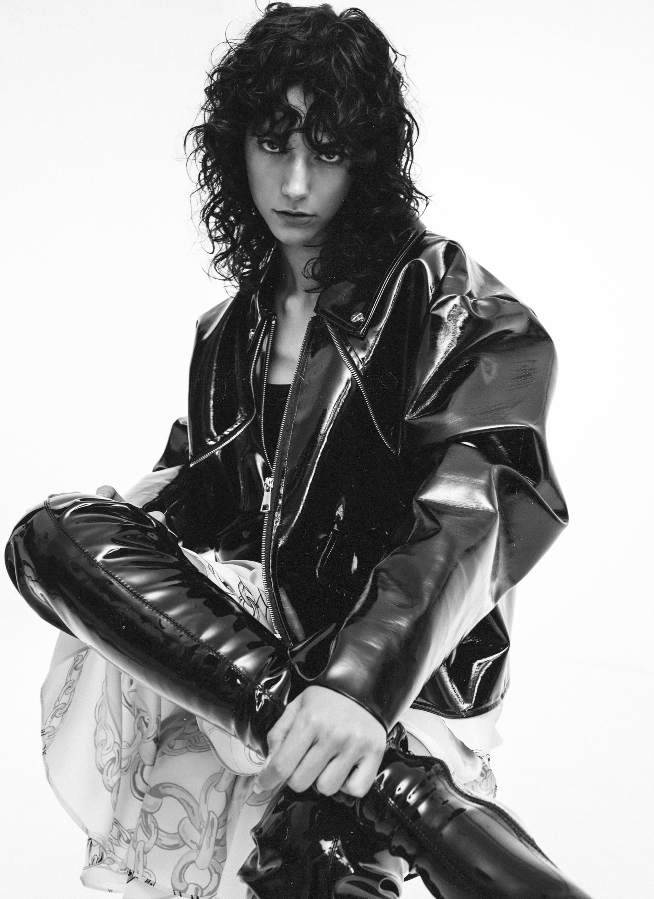 Mártusz Dorina — Black-and-white fashion portrait in a leather jacket
